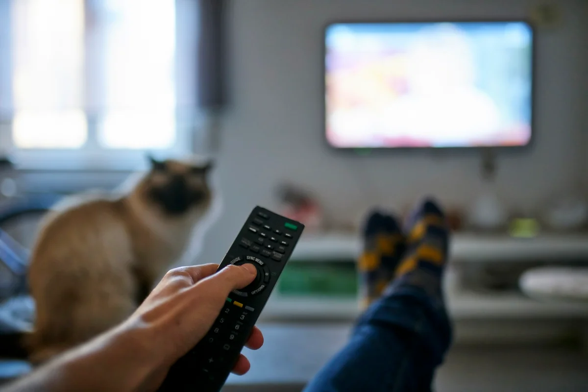Hand of man pointing remote control at television screen