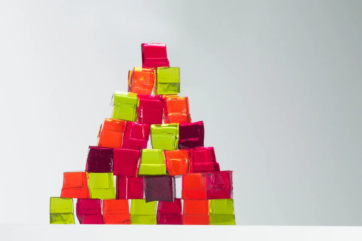 Pyramid of vibrant gelatin dessert cubes