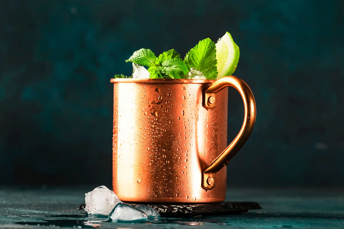 Moscow mule alcoholic cocktail in copper mug