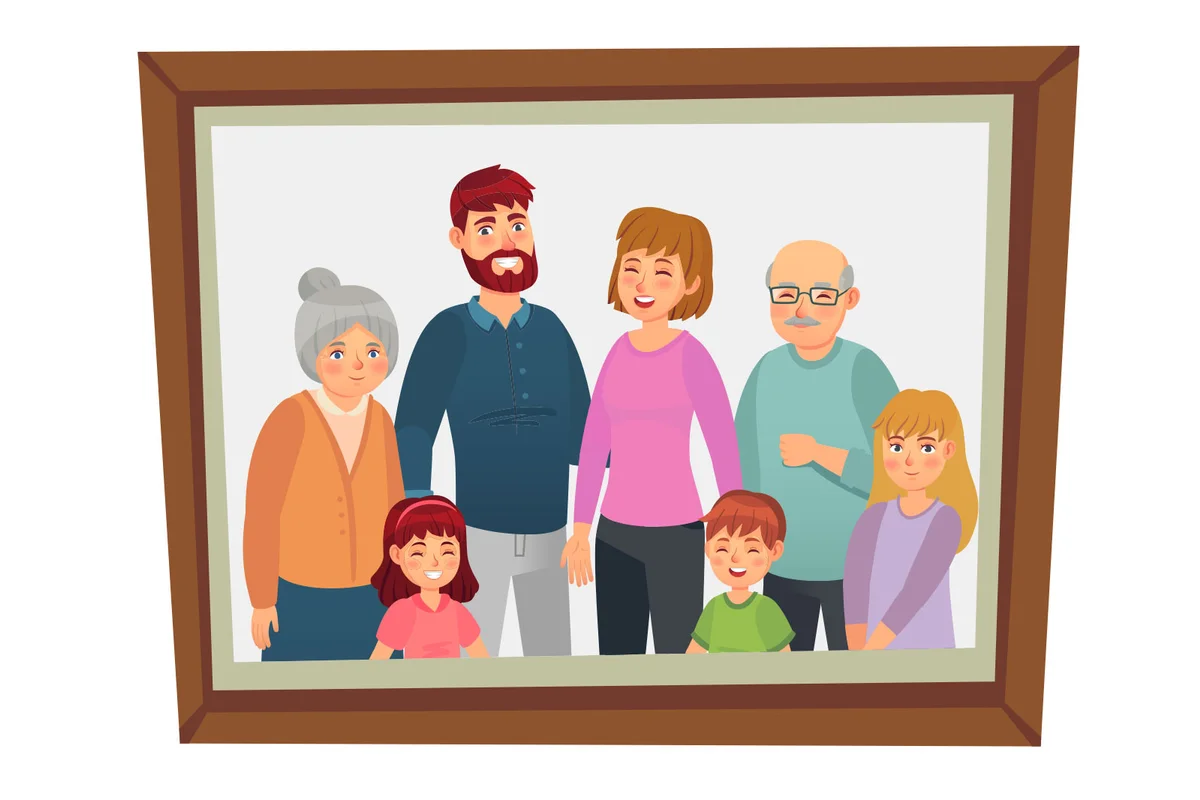 family with grandpa and grandma in a framed picture