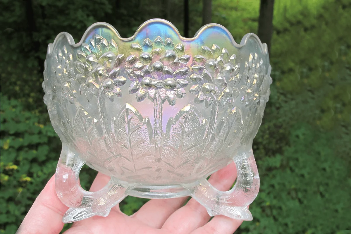 Antique Fenton Fenton’s Flowers White Carnival Glass Nut Bowl