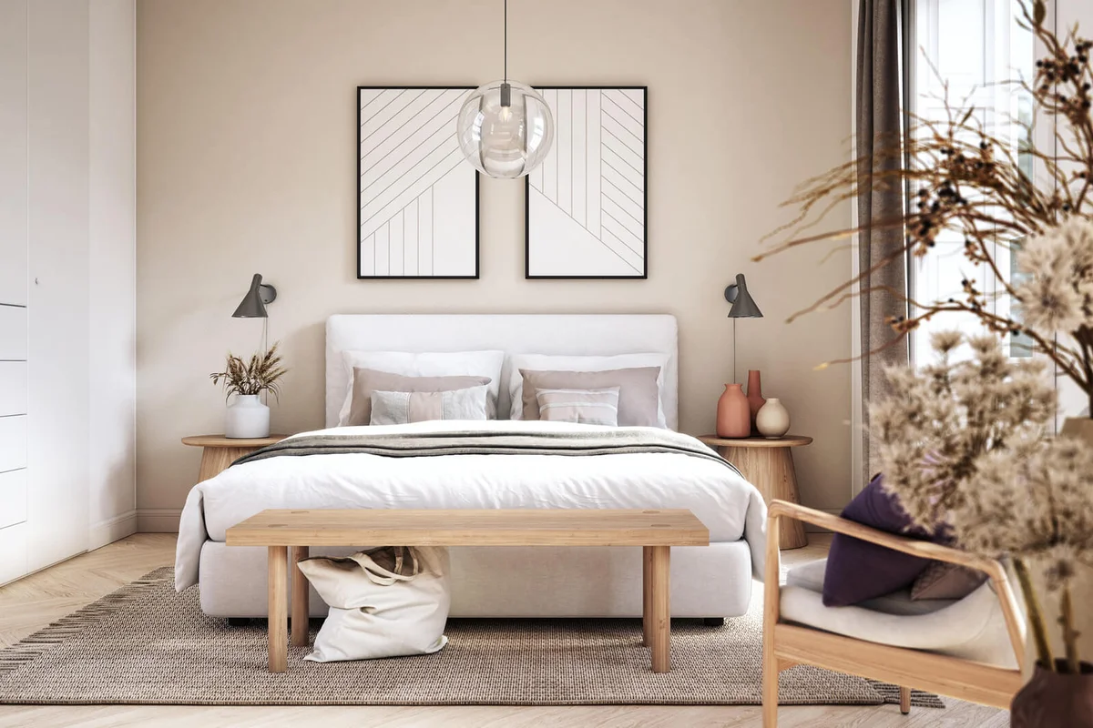 Bedroom interior with wooden furniture