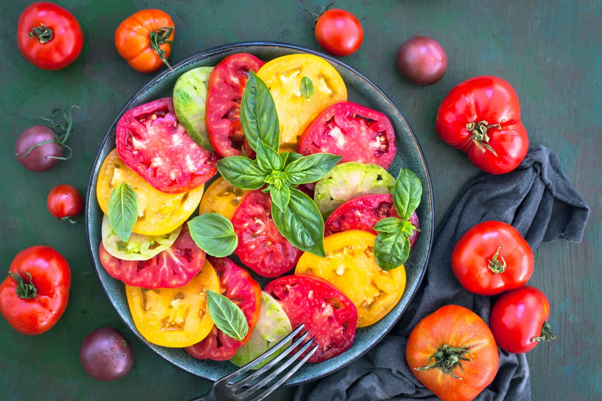 Fresh red and yellow tomato salad with basil on dark green background