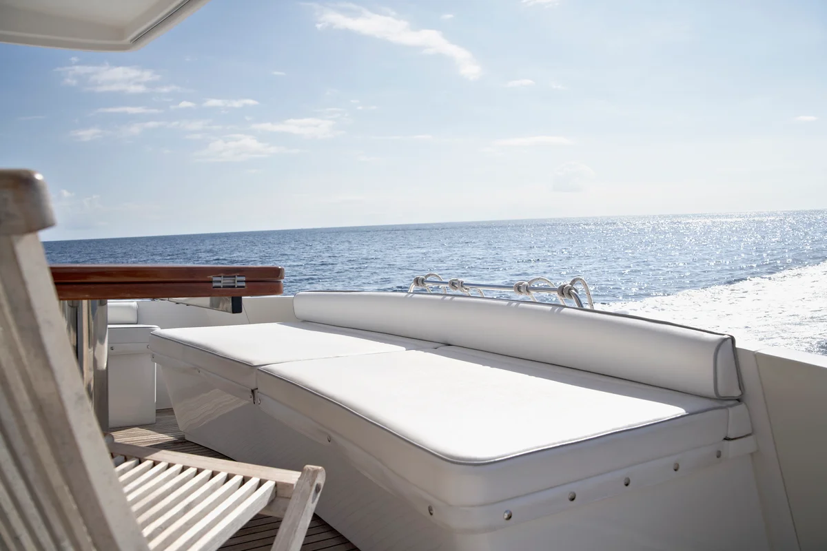 vinyl bench seat in cockpit of boat