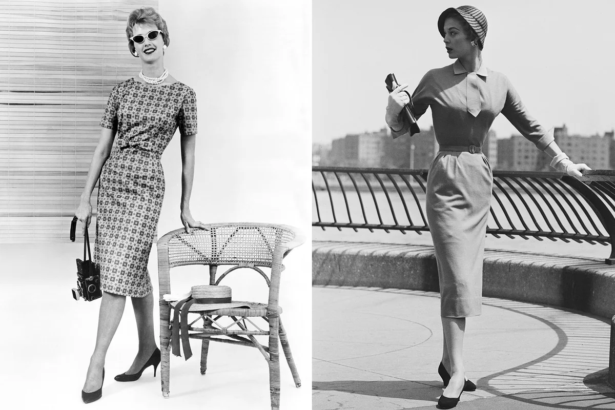 1950s women modeling sheath dresses