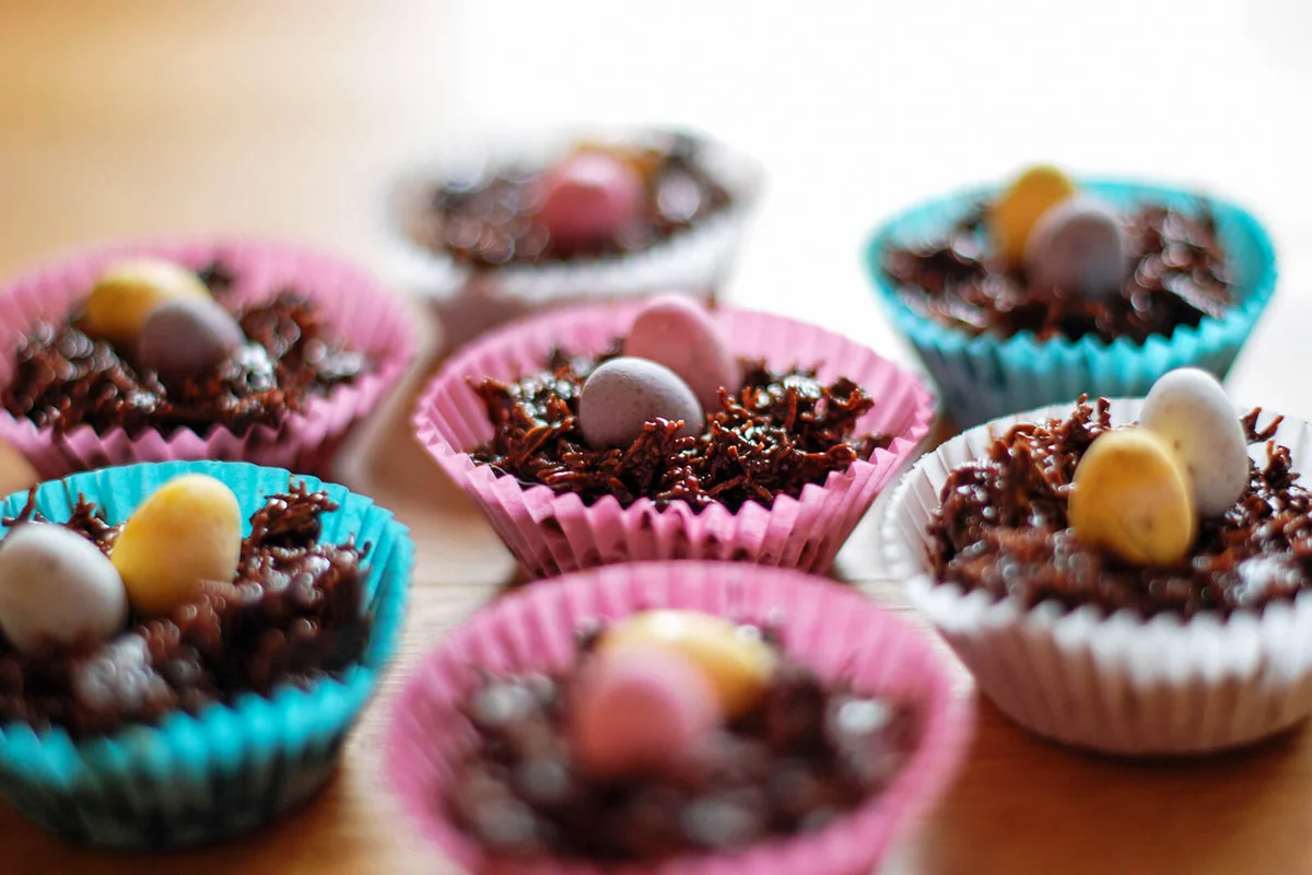 Easter egg cakes in coloured cake cases