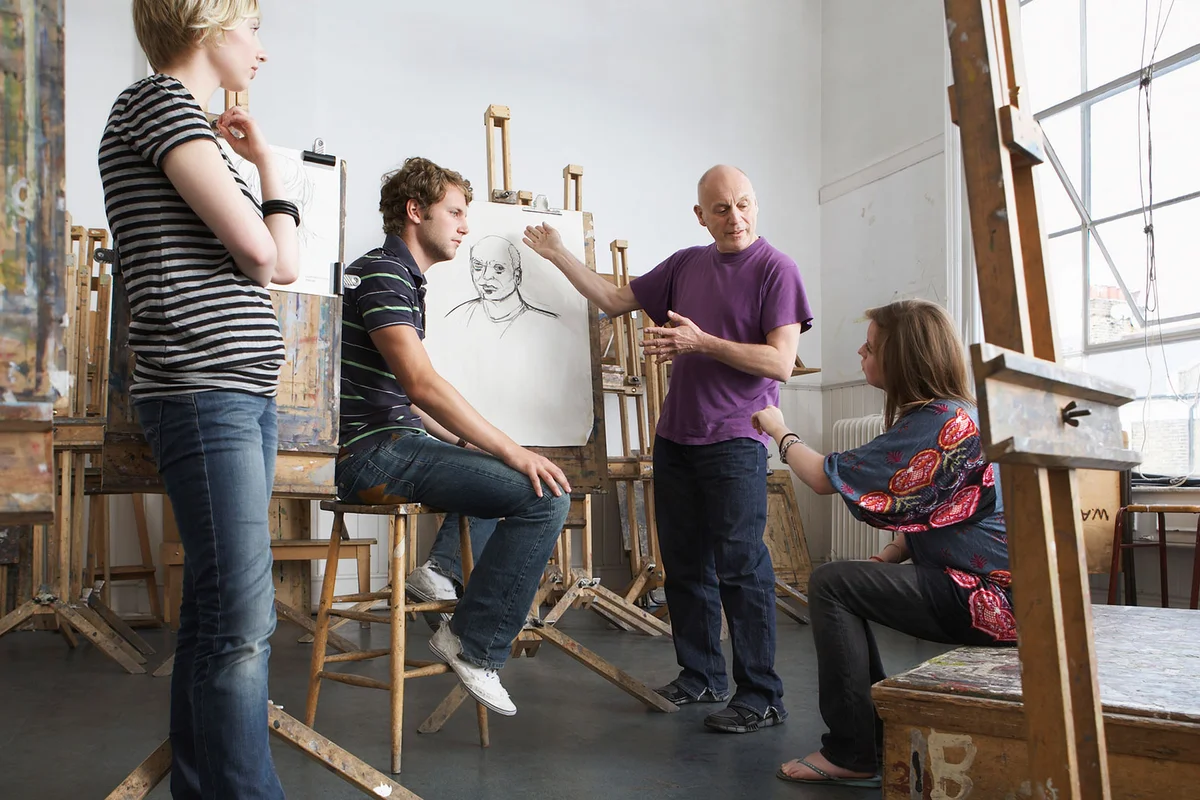 art professor with students in class