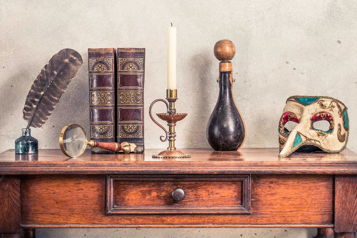 vintage collectible display on antique table
