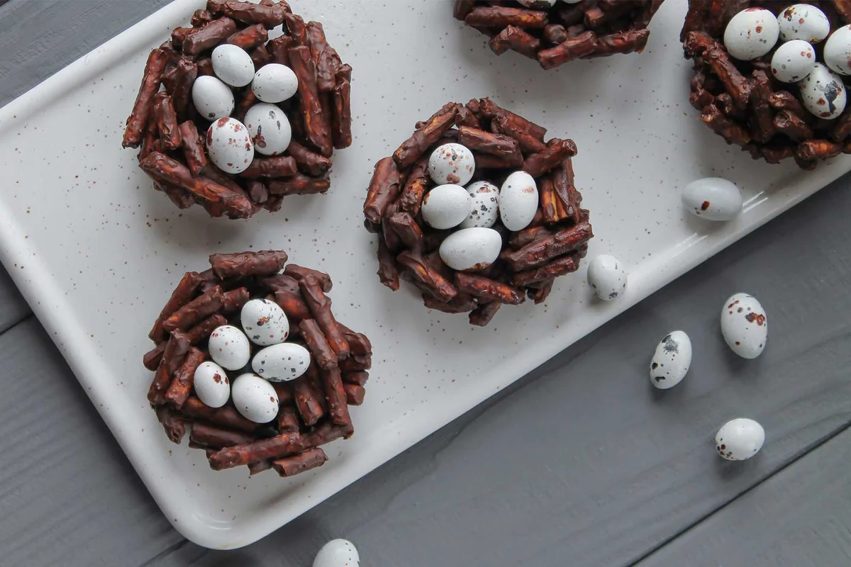 chocolate pretzel nests with candy eggs