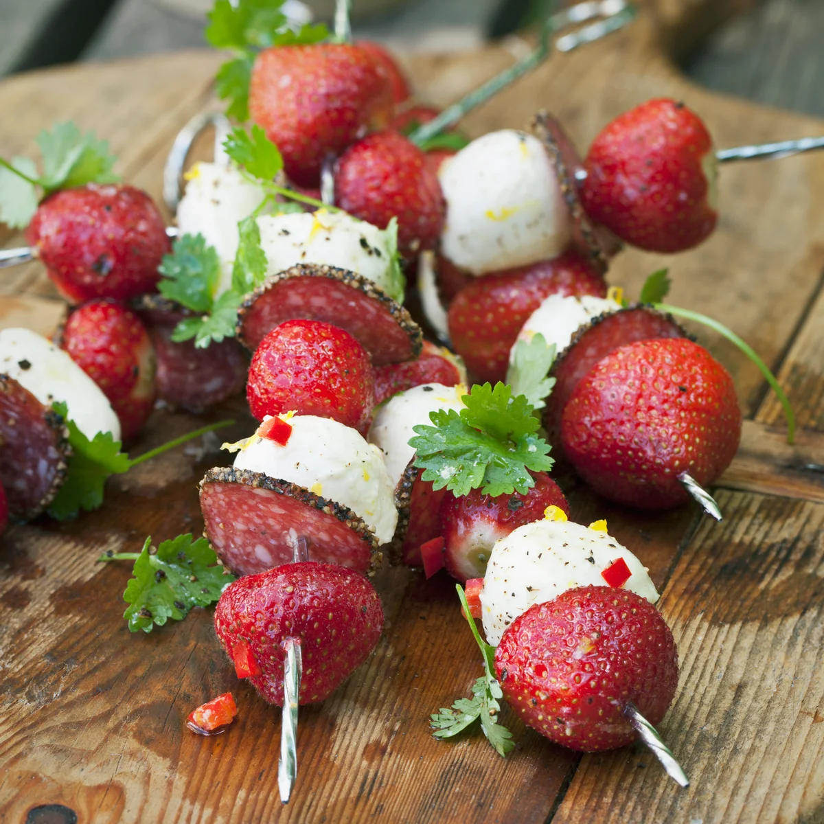 Salami, strawberry and mozzarella snack