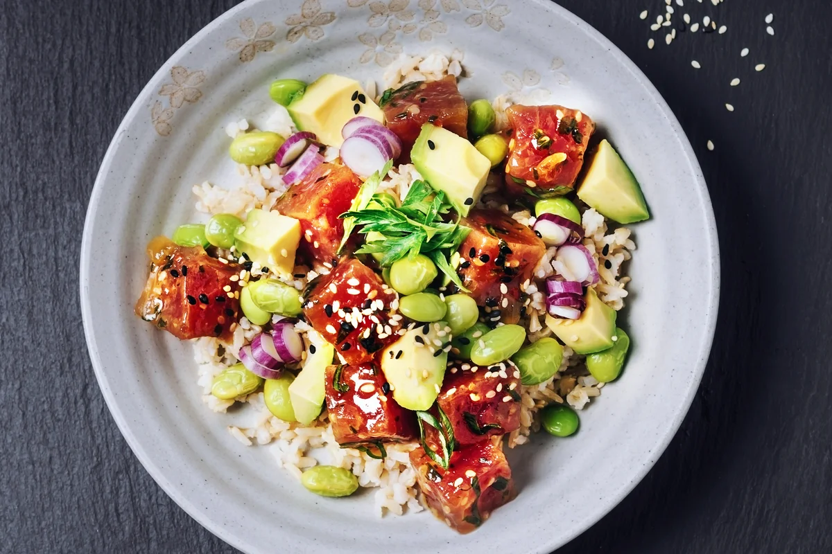 Tuna and avocado poke bowl