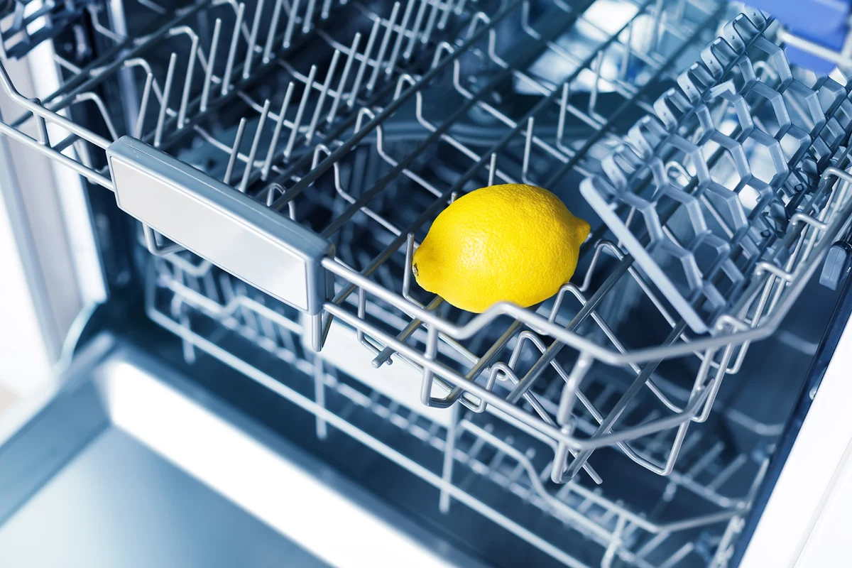Empty dishwasher with fresh yellow lemon on shelf