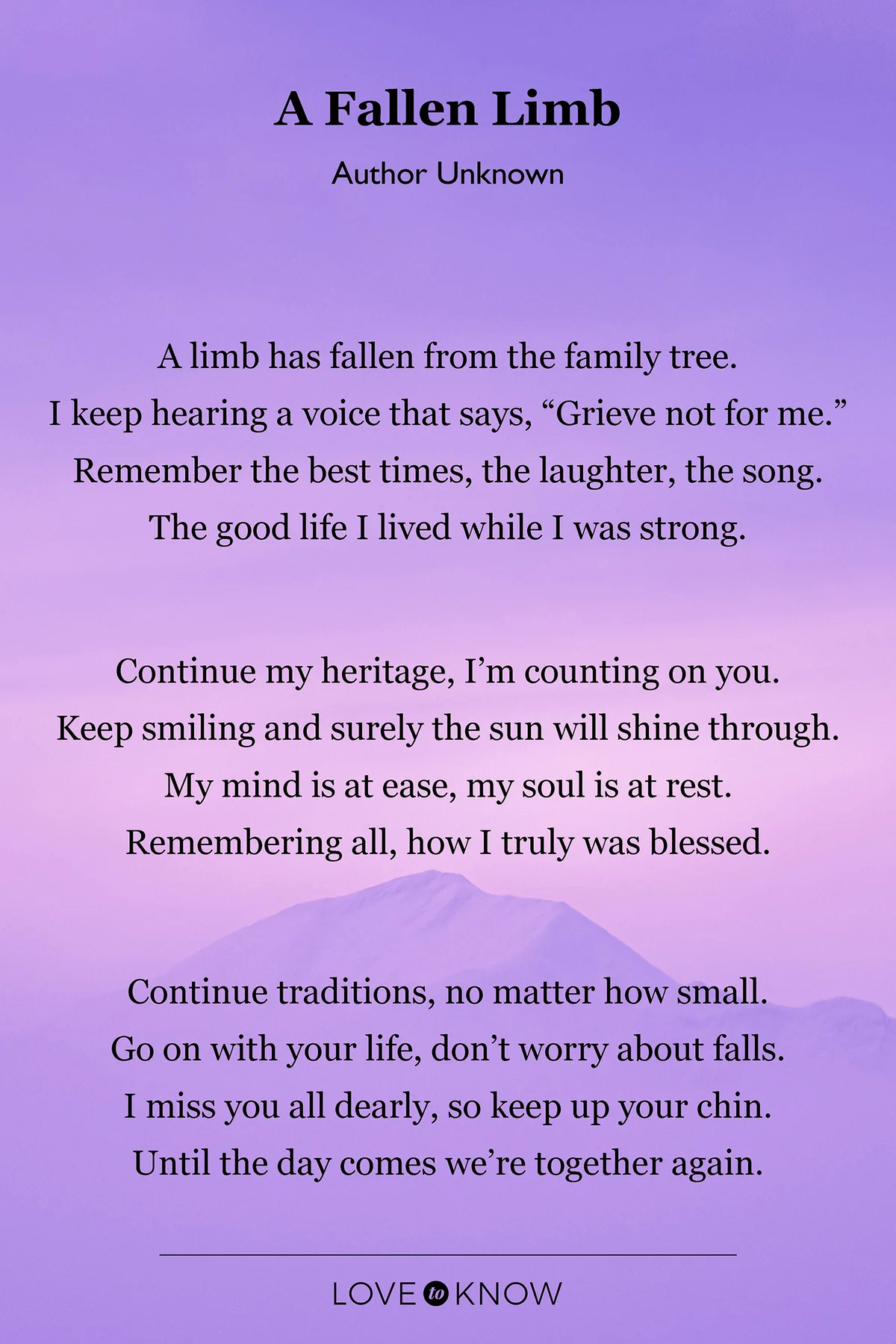 Fantastic mountain covered with purple mist with poem