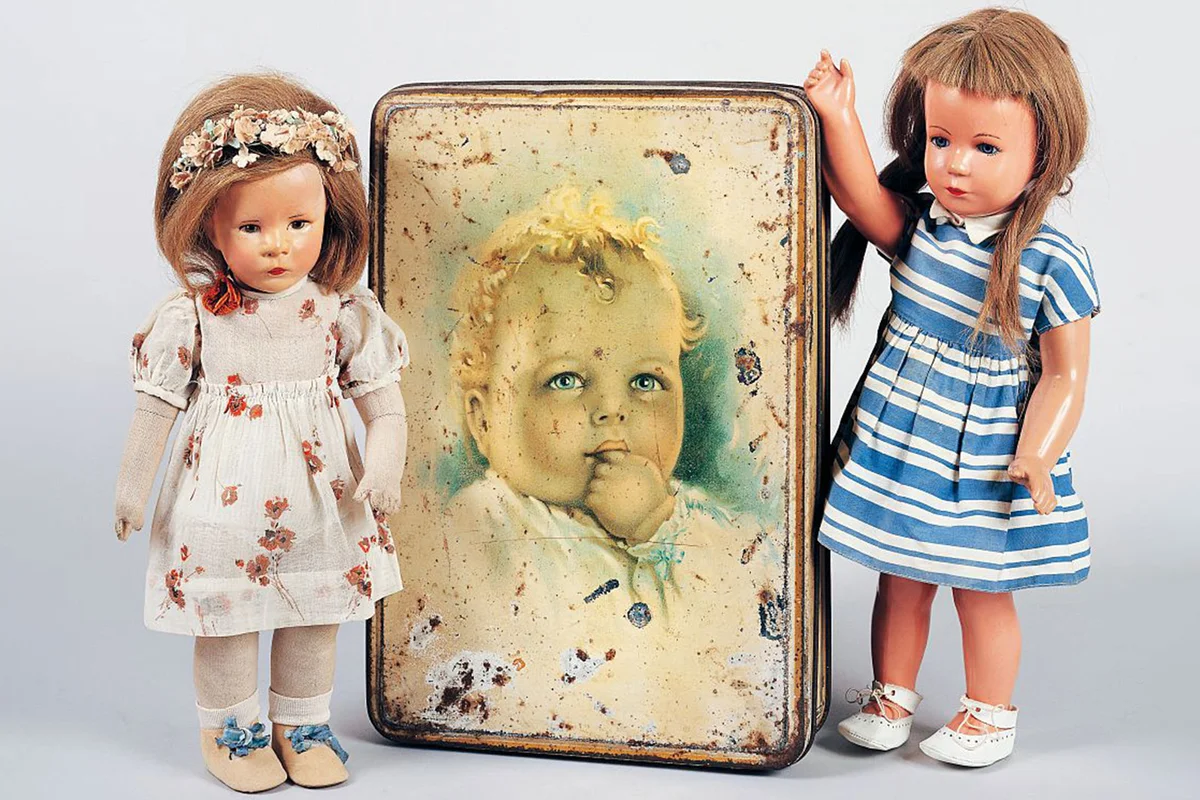 two antique vintage dolls with tin metal box