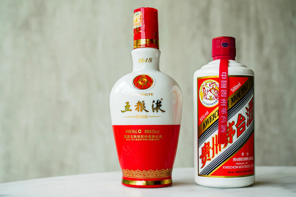Bottle of Maotai and a bottle of Wuliangye baijiu liqour