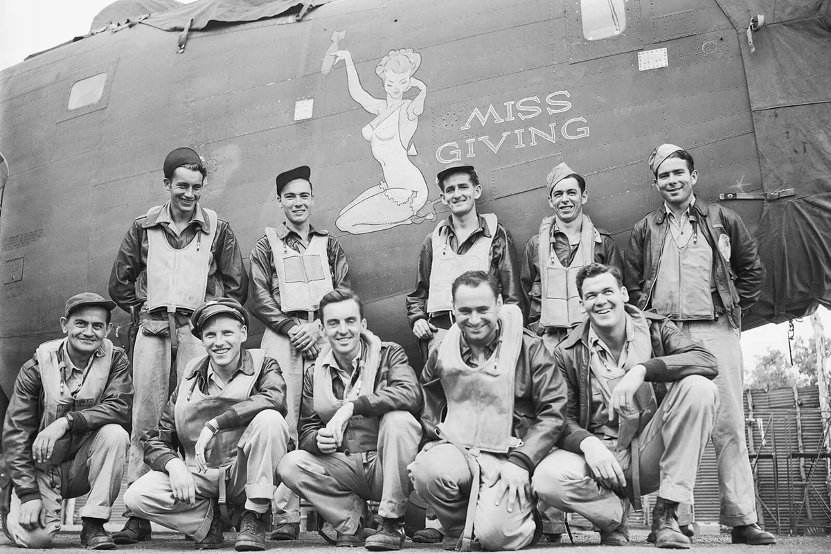 B-24 Liberator Bomber "Miss Giving" credited with making the longest flight mission from Australia while on photographic reconnaissance over a Japanese Oil producing city last October | Getty Editorial Use