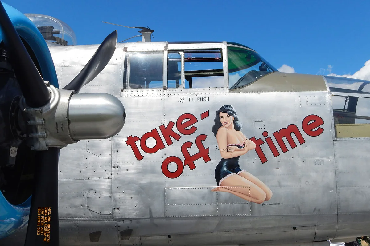 Nose art on the B-25J Take-off Time