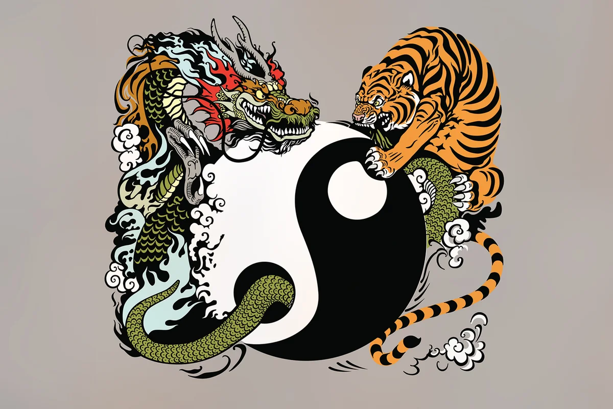yin yang symbol with dragon and tiger fighting