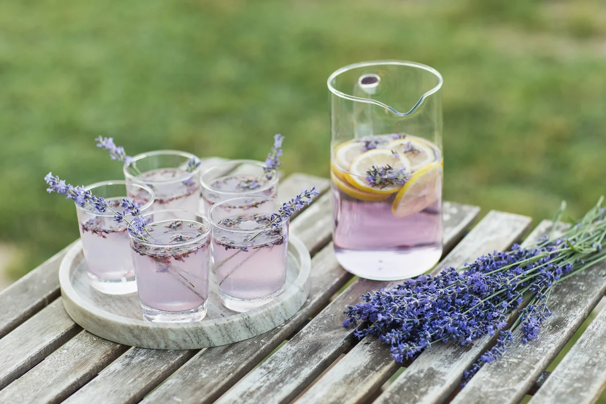 Lavender Lemonade cocktail decorated with flowers on wooden table outdoor