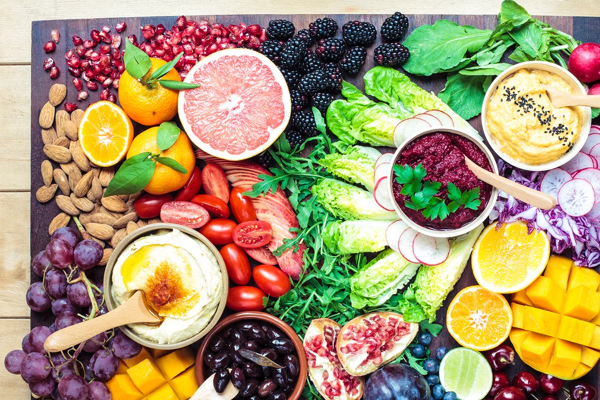 Trays of Fresh Vegetables and Fruits