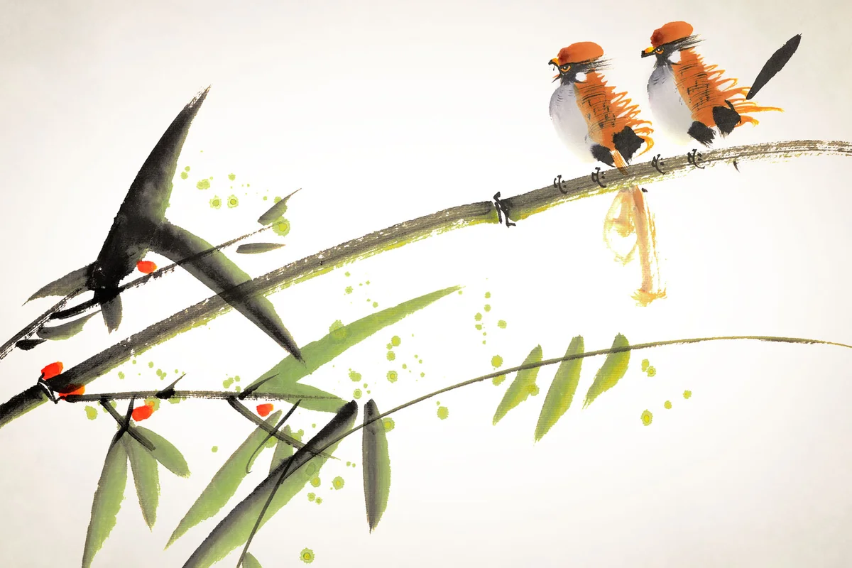 feng shui art Chinese painting with birds standing on bamboo