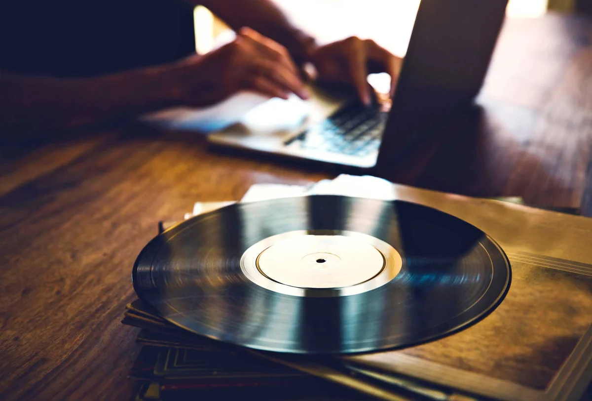 vintage record collection research on computer
