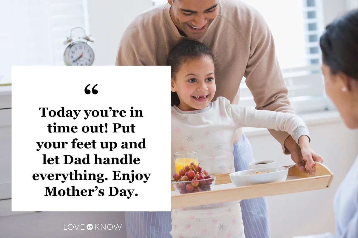 Father and daughter bringing breakfast to mother