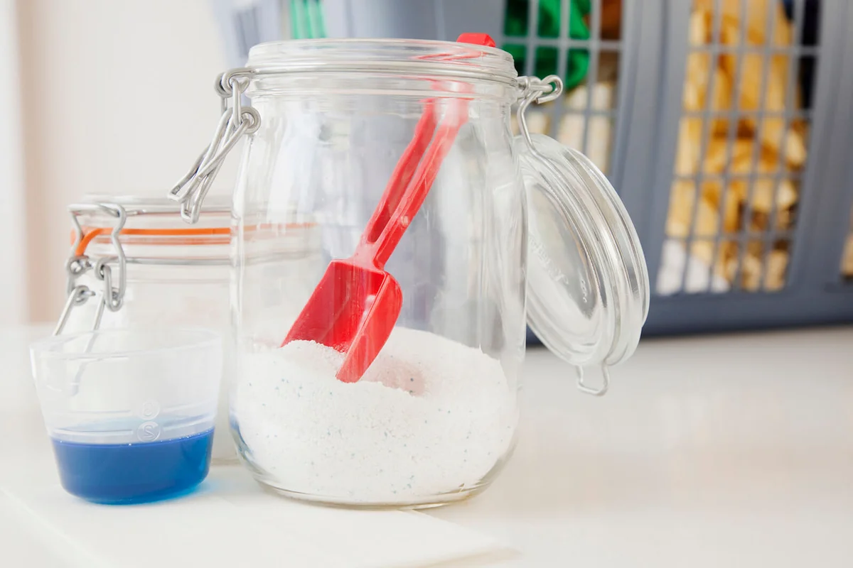 Detergent and washing powder by laundry basket