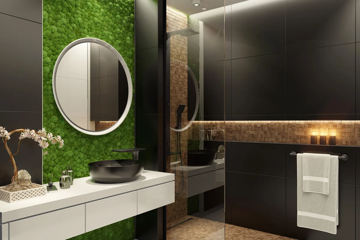 Modern minimalist bathroom with green moss wall