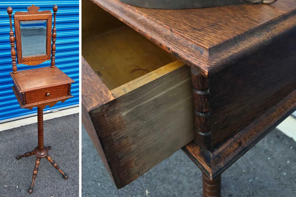 Antique American solid oak shaving stand beveled mirror and storage drawer