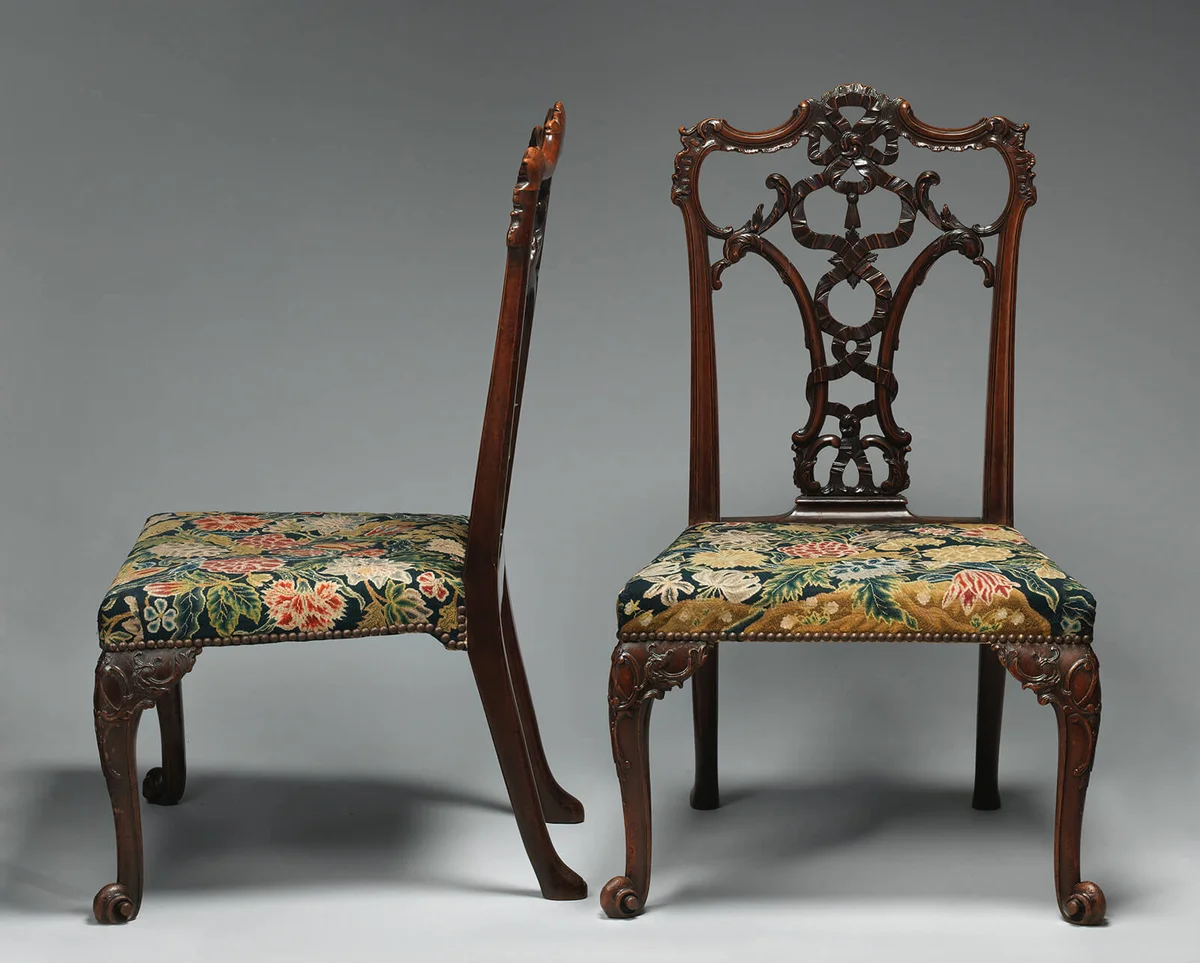 After a design by Thomas Chippendale, Pair of side chairs, British, ca. 1755–60, British, Mahogany | Getty Editorial Use