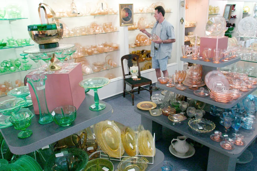 Man shopping at Simple Pleasures Depression Glass