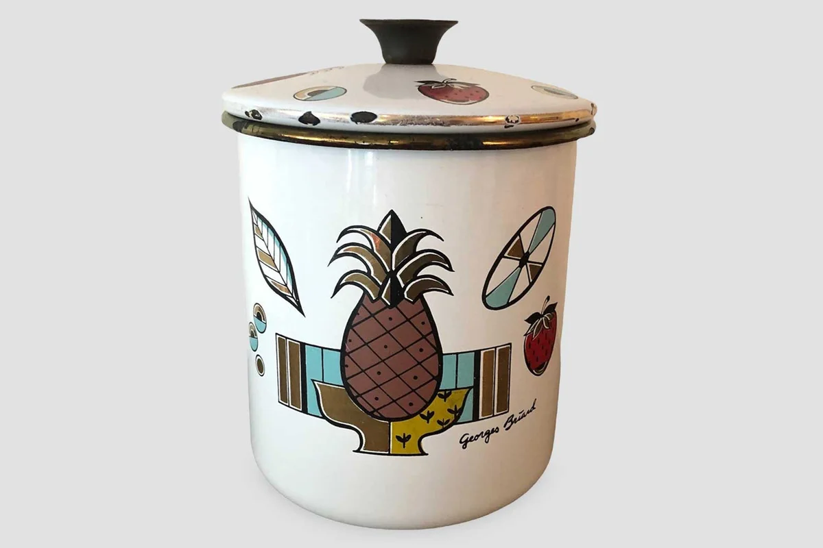 Vintage Georges Briard Signed "Ambrosia" Enamelware Canister