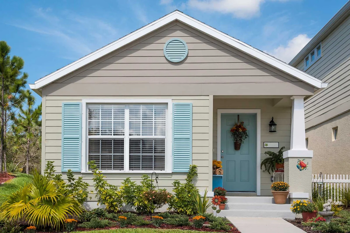 front exterior house with blue door