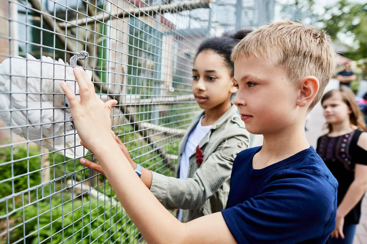 Boy and girl with parrot in an aviary