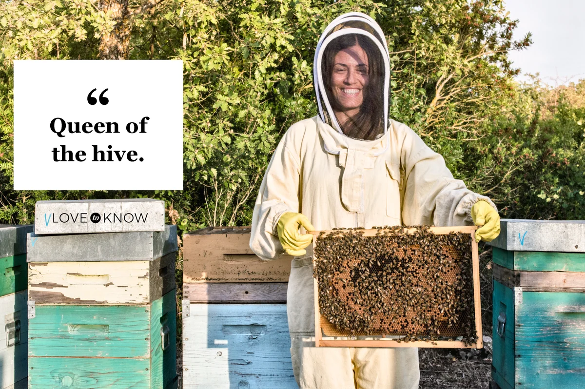 Woman in beekeeper dress holding a hive frame full of bees