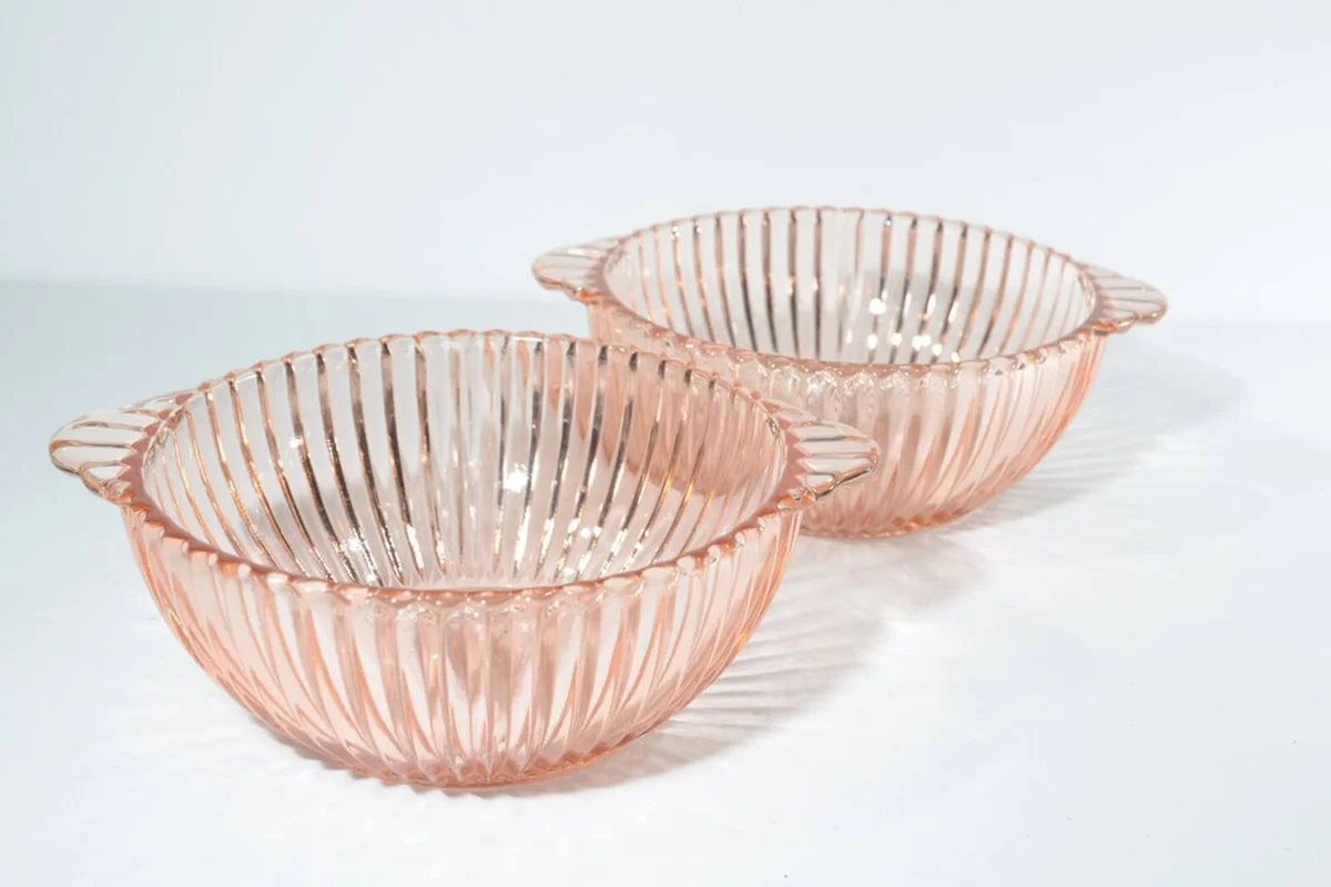 Set of 2 Hocking Glass Pink Depression Glass QUEEN MARY bowl 5 1/2 handles Pink vintage ribbed prismatic line vertical ribbed
