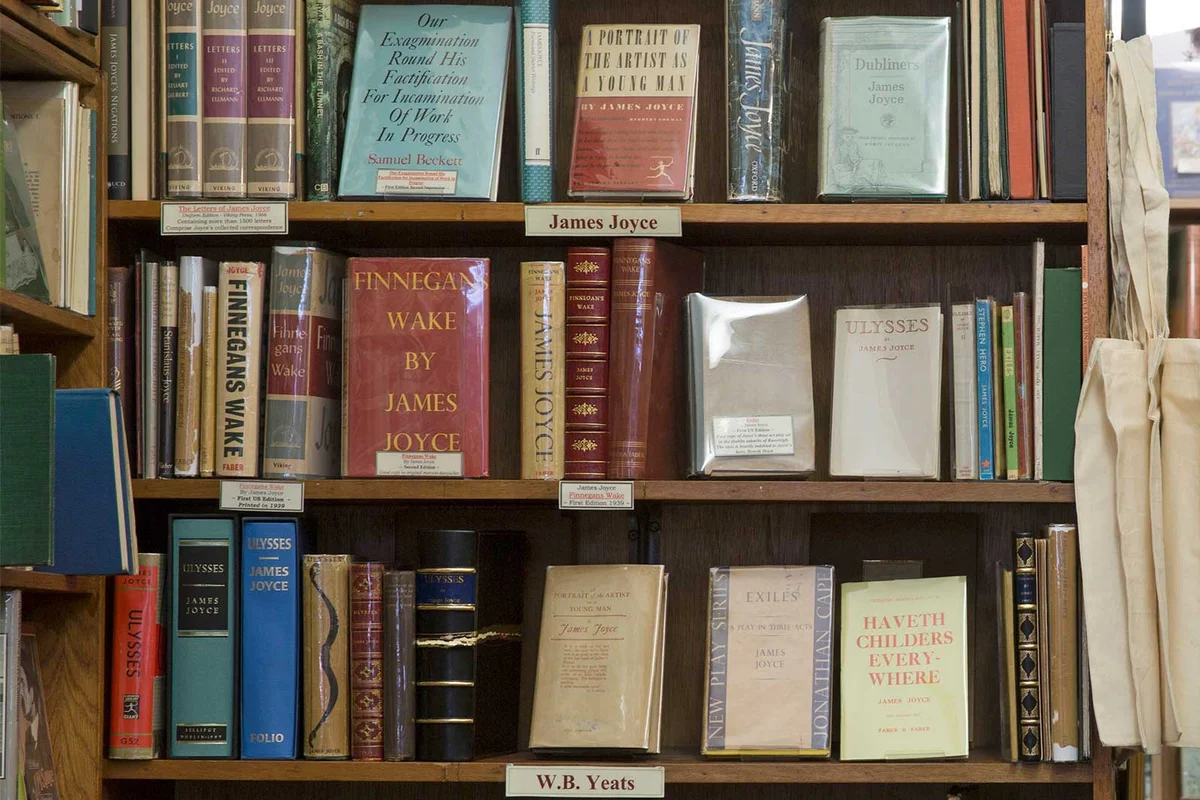 rare books by James Joyce and W.B. Yeats on shelf