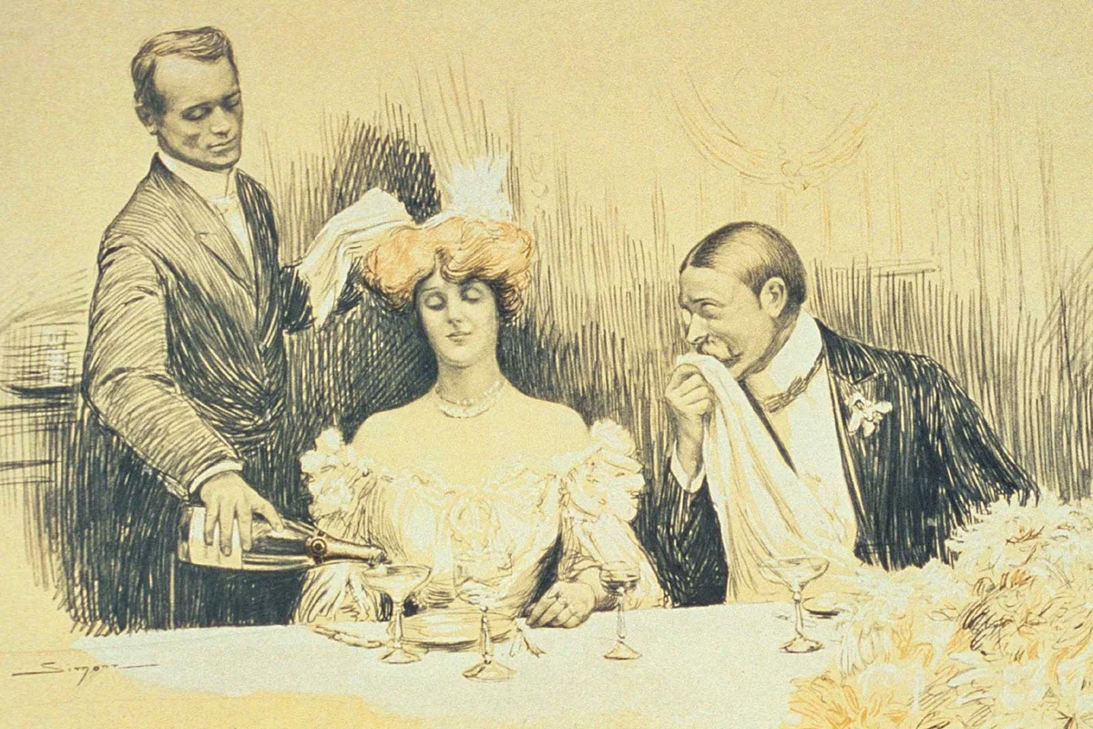 Engraving of Louis Roederer, founder of Cristal Champagne and his wife, being served a glass of champagne