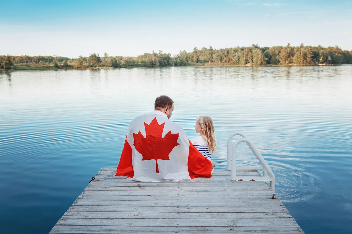 Father And Daughter Wrapped In Canadian Flag Sitting On Pier By Lake