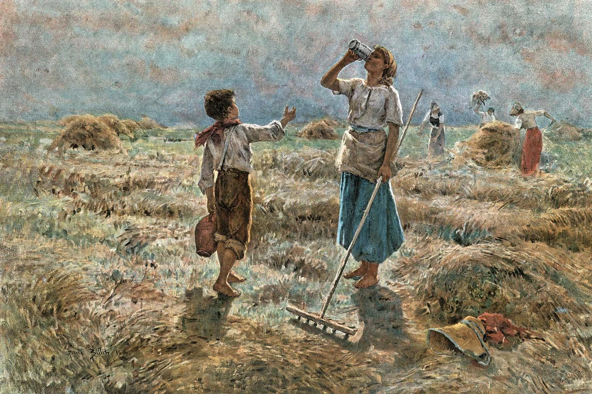 Victorian illustration raking hay