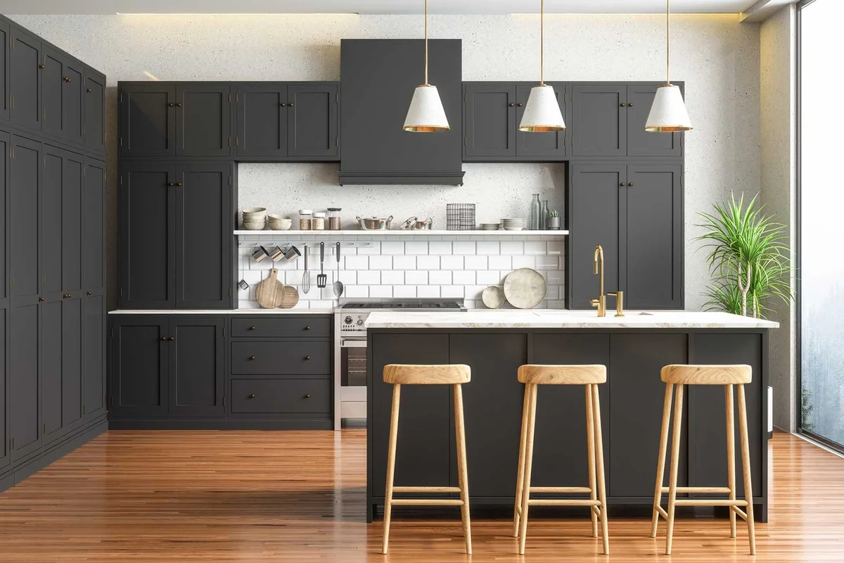 kitchen with charcoal cabinets