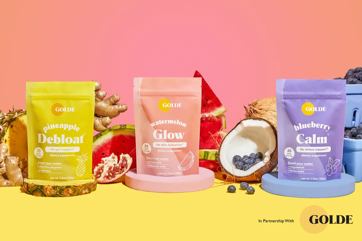 Photo of Golde products including pineapple debloat, watermelon glow, and blueberry calm.