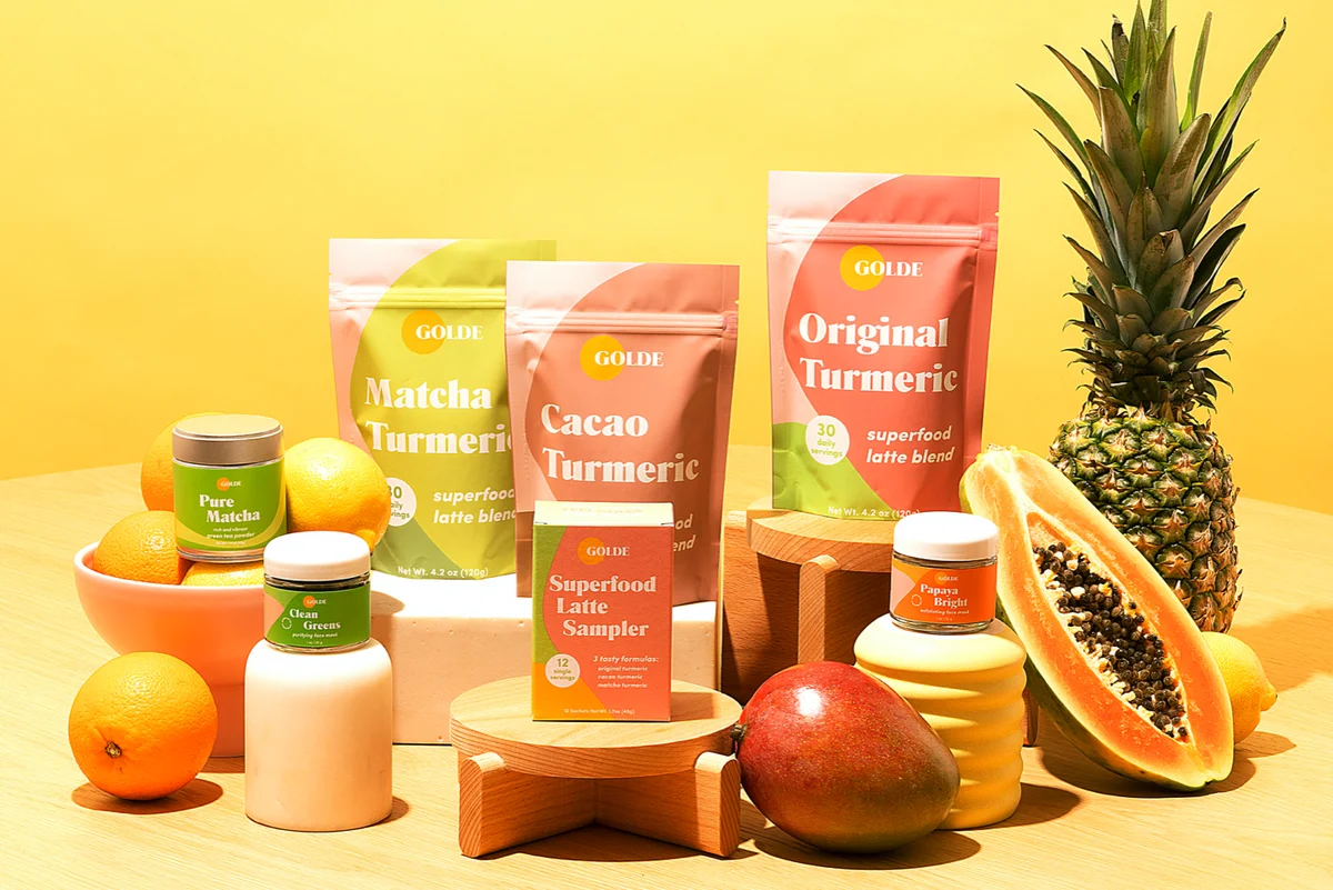 Photo of Golde products including Pure Matcha, Matcha Tumeric, Cacao Tumeric, Original Tumeric, and Superfood Latte Sampler