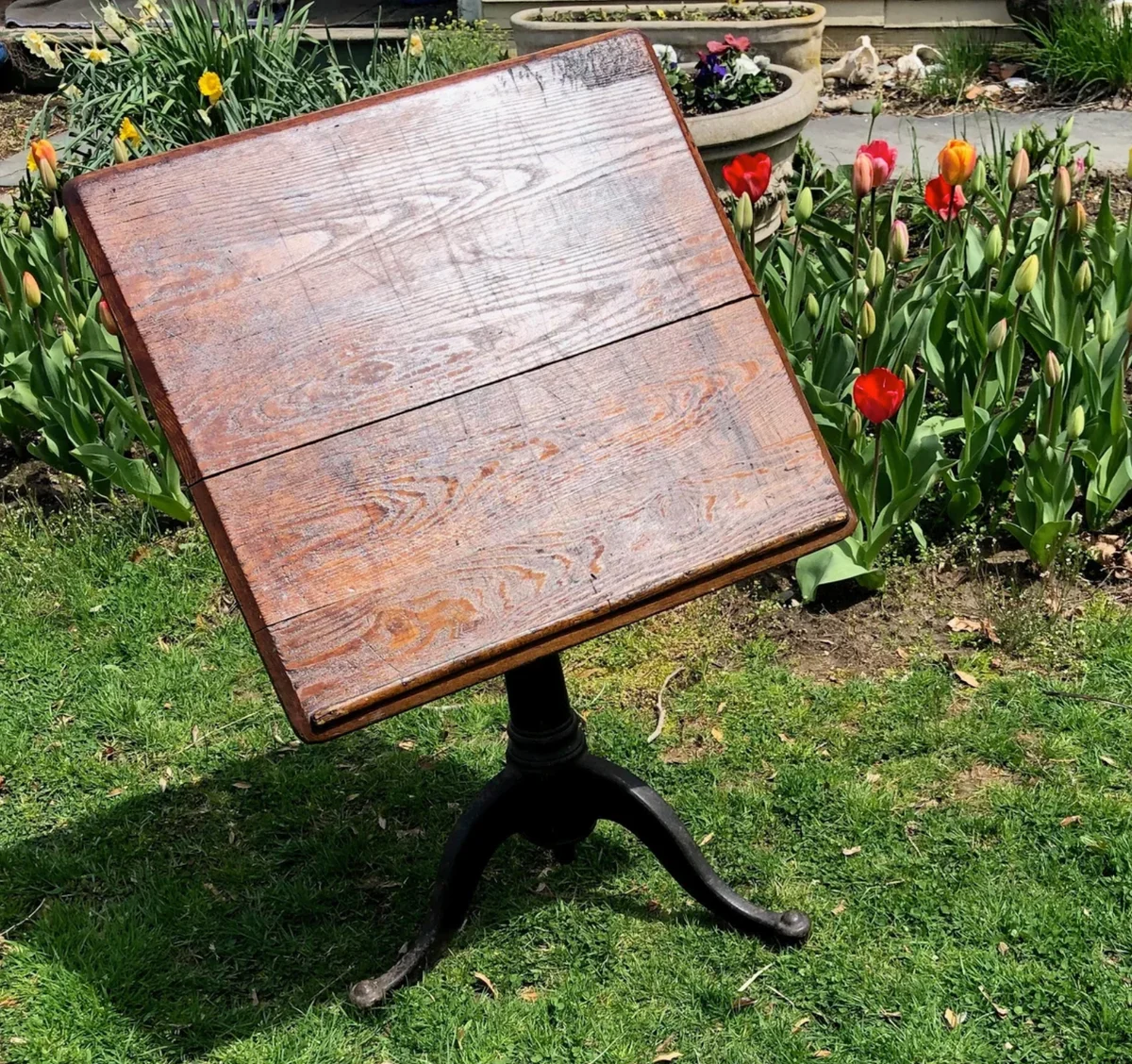 Antique Oak Drafting Table w/Adjustable Cast Iron Base Tripod Base Attributed to K&E