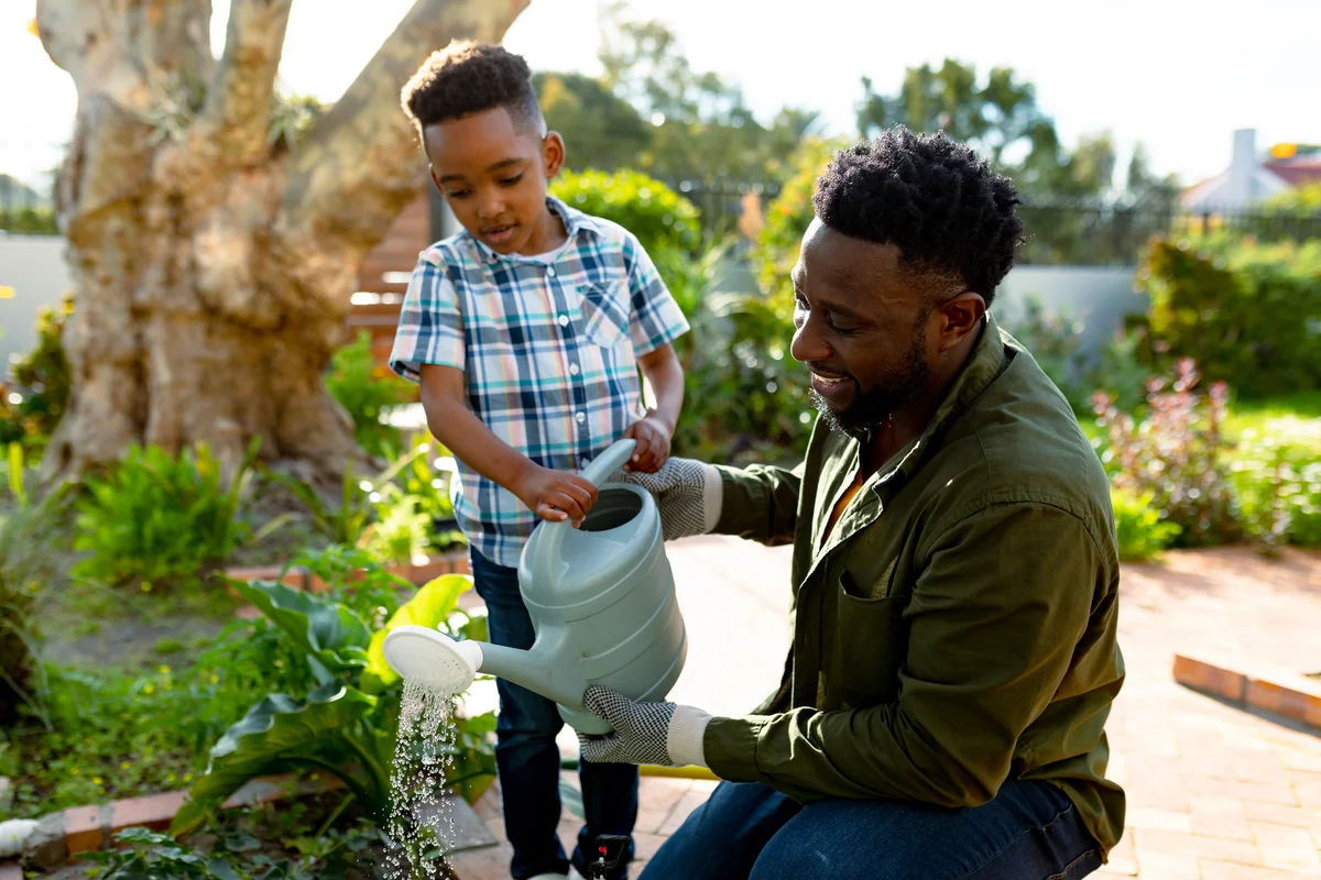 father and son gardening