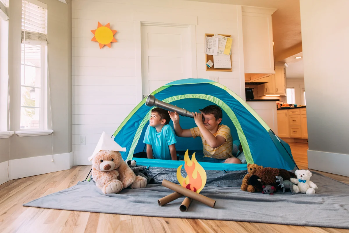Two brothers camp inside their home