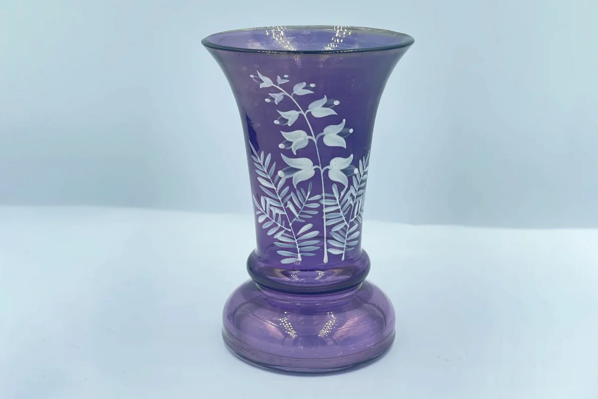 Small Antique Purple Glass Vase with White Enamel Handpainted Lilies of the Valley