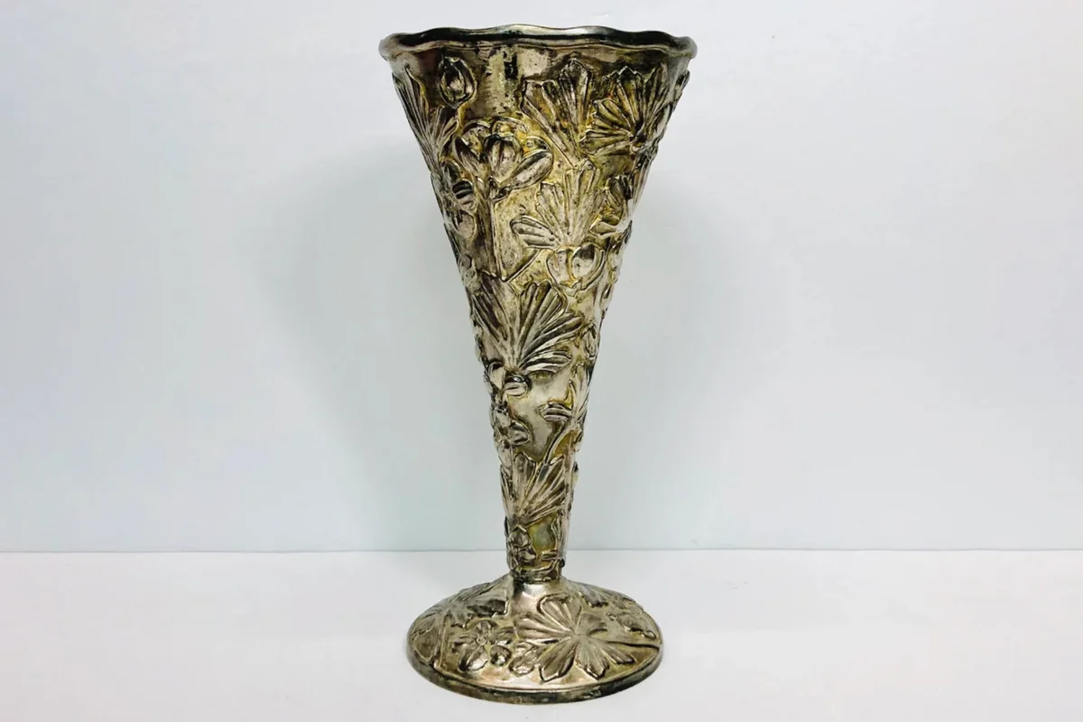 Art Nouveau Silver Metal Cone Vase Embossed Flowers Victorian Romantic Farmhouse Cabin Cottage Core