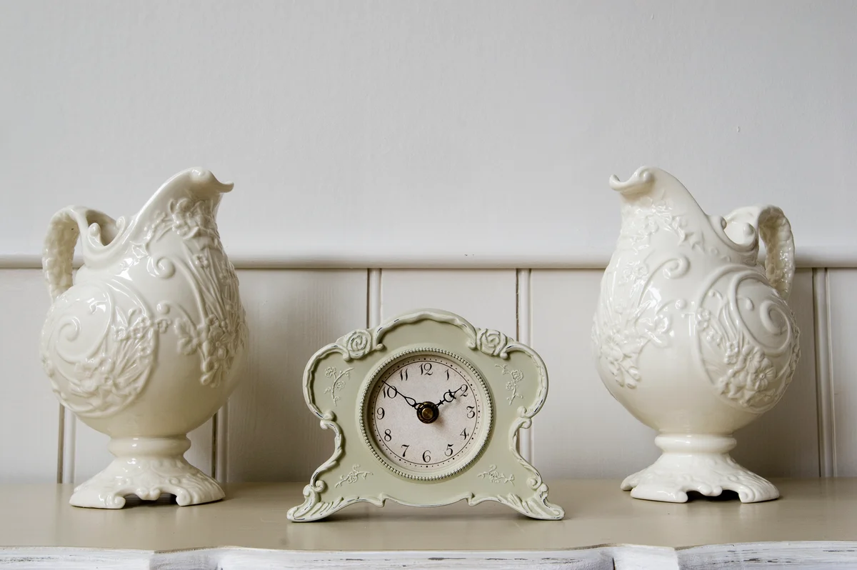 farmhouse decor white antique clock and pitchers